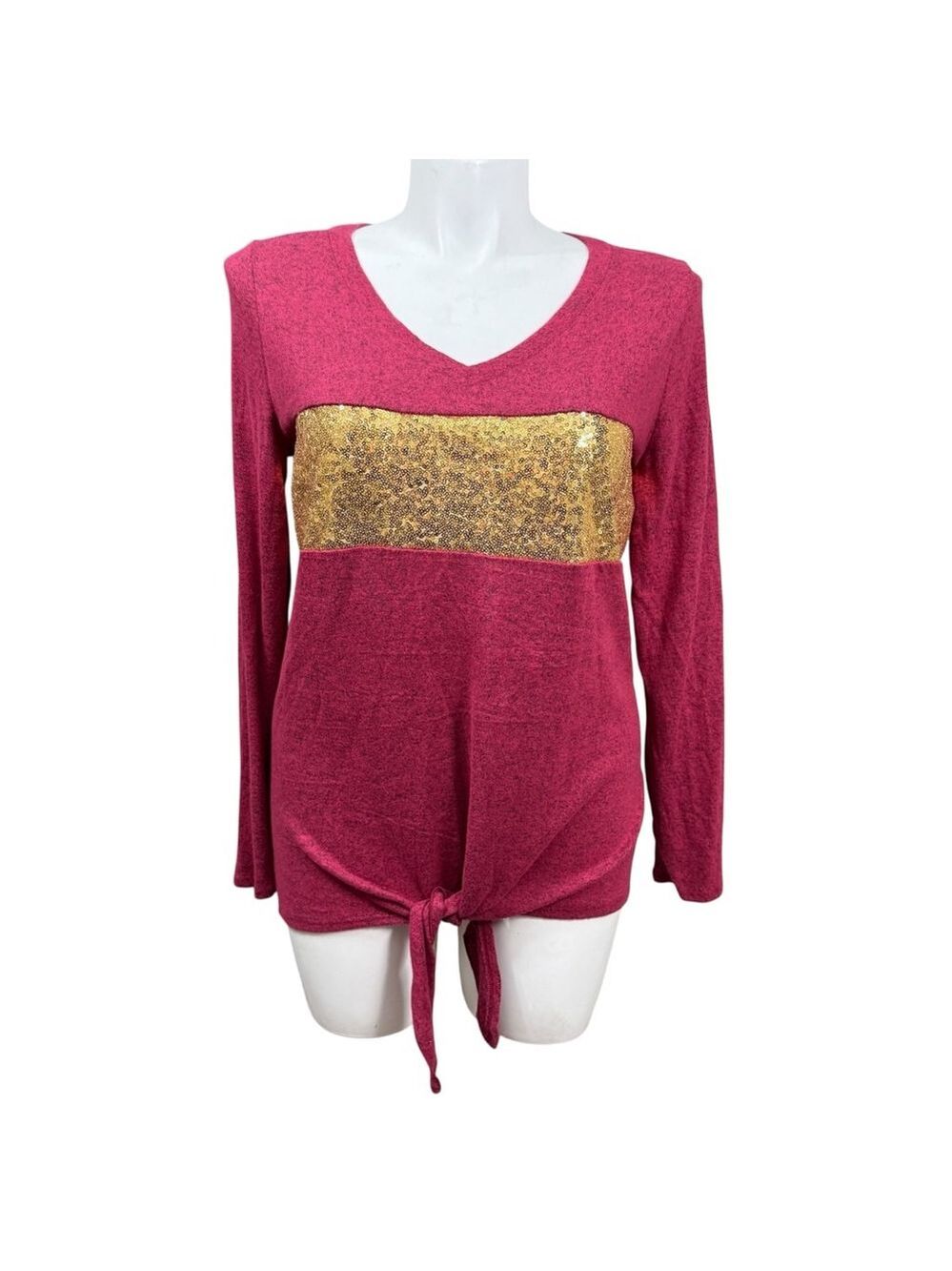 Bibi Sequin Stripe Tie Front Long Sleeve Top Medium Made In USA